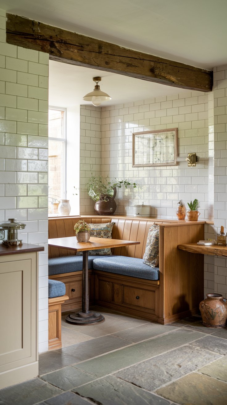 A photo of a beautiful English countryside kitchen with a custom-fit booth in the unused corner, turned into a breakfast nook. The booth is made of wood and has a cushioned seat. There is a wooden beam above the booth. The walls are covered with white tiles and have a vintage-style light fixture. There is a table with a plant and a ceramic pot near the booth. The floor is made of stone. The overall ambiance of the photo is warm and inviting.