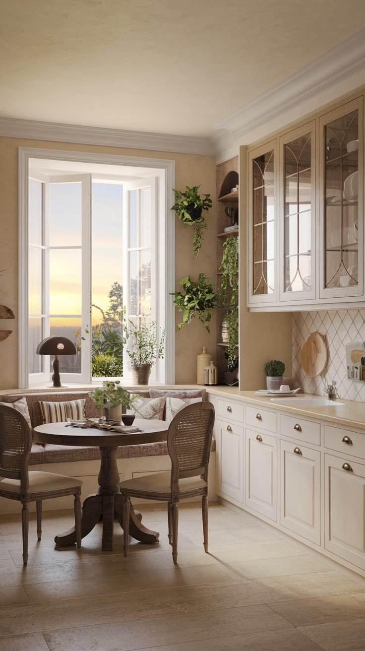 A photo of a beautiful French country kitchen with a breakfast nook. There is a round wooden table with chairs. The wall next to the table has a window with a view of the sunrise. The kitchen has beige walls, a beige ceiling, and white cabinets with wooden doors. There are plants and a lamp on the window ledge. The floor is made of beige tiles.