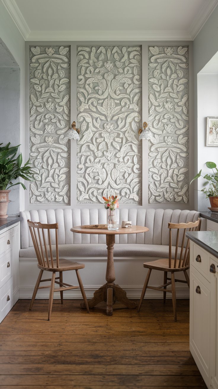 A photo of a beautiful shabby chic kitchen breakfast nook. The nook has a light-colored upholstery, which brightens the space. There is a wooden table with two chairs. The wall behind the nook has a decorative panel with a floral pattern. The floor is made of wooden planks. There are potted plants near the nook.