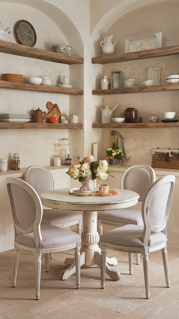 A photo of a beautiful shabby chic kitchen breakfast nook with light-colored upholstery to brighten the space. There is a round table with a distressed white finish, and four chairs with beige fabric seats. The walls are adorned with rustic wooden shelves displaying various kitchen items. The floor is made of beige tiles. The overall ambiance is warm and inviting.
