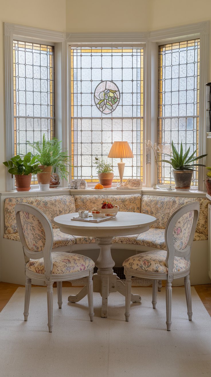A photo of a beautiful shabby chic kitchen breakfast nook with light-colored upholstery to brighten the space. The nook has a round wooden table and four chairs with floral upholstery. The wall behind the nook has a vintage window with stained glass. There are potted plants and a lampshade on the windowsill. The floor is covered with a light-colored rug. The overall ambiance of the room is warm and inviting.