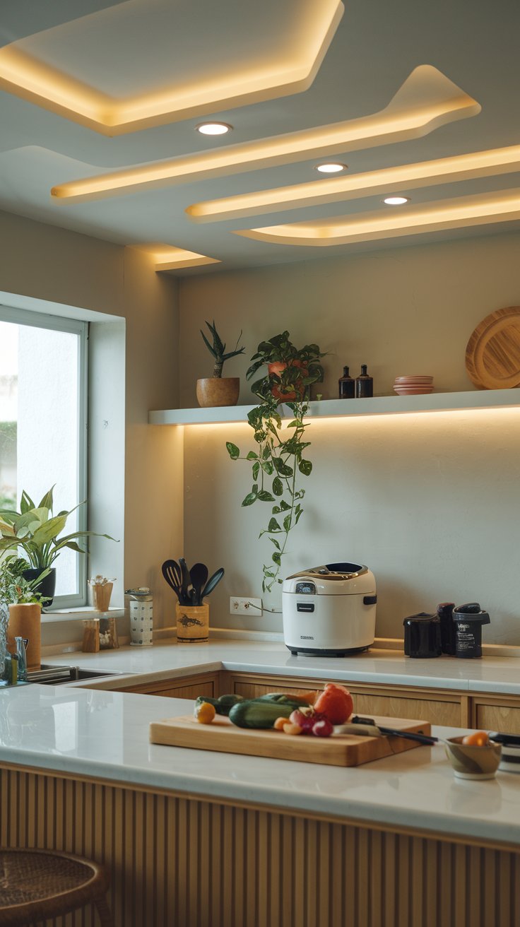 A photo of a beautiful, well-organized Asian zen kitchen with ambient lighting from soft-edged recessed fixtures. There is a wooden cutting board with vegetables on the counter. There are utensils and a rice cooker nearby. The background contains a few potted plants and a shelf with a few items. The walls and ceiling have a light grey colour.