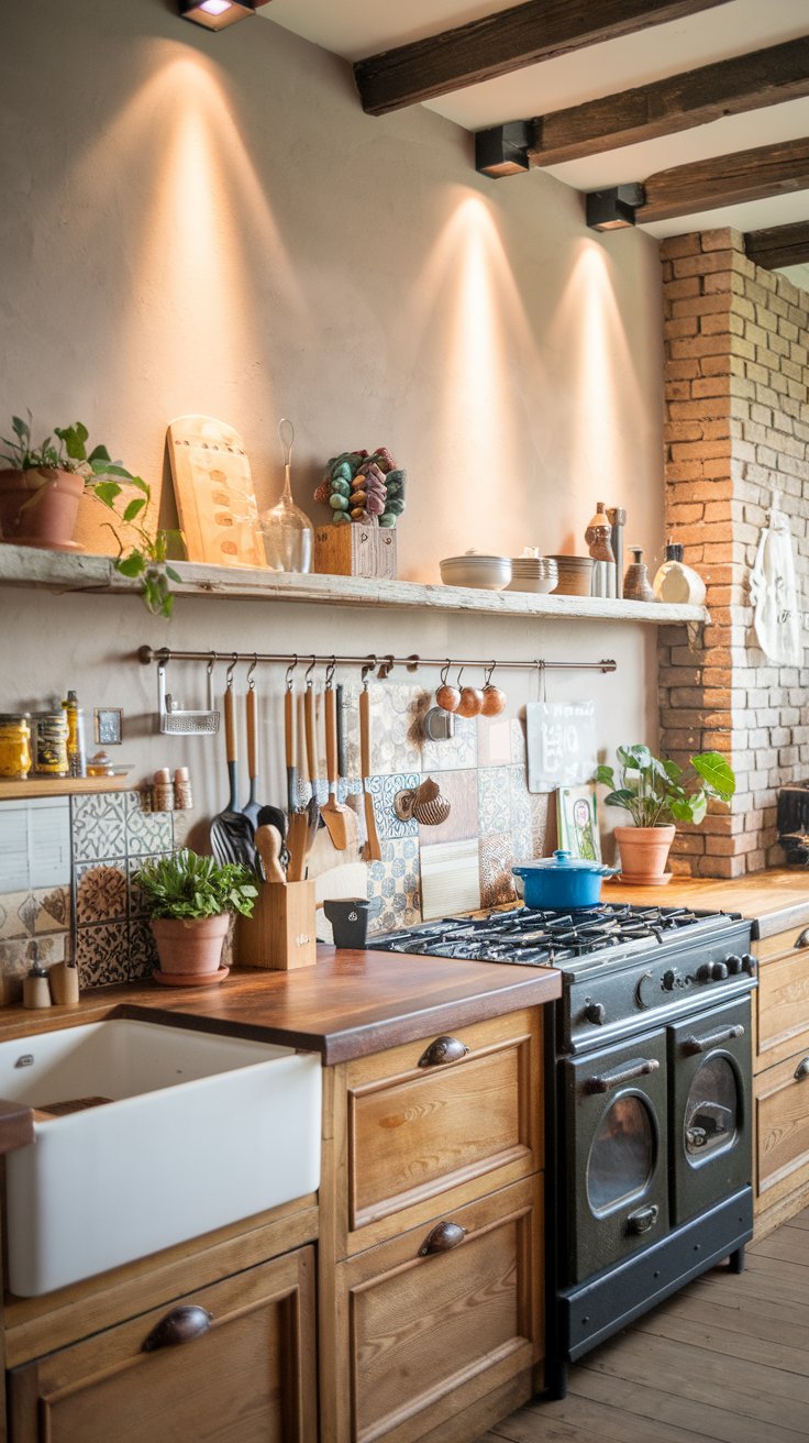 A photo of a beautiful, well-organized boho kitchen with wall-wash recessed lights that enhance the backsplash. The gentle wash of light highlights the textures, colors, and patterns of the backsplash. The kitchen has a rustic charm with exposed brick walls, wooden beams, and a vintage oven. There are various cooking utensils, potted plants, and decorative items scattered across the kitchen.