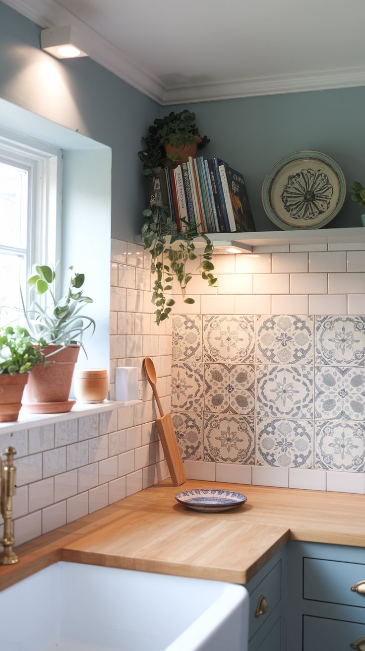 A photo of a beautiful, well-organized boho kitchen with wall-wash recessed lights. The gentle wash of light enhances the backsplash, highlighting its textures, colors, and patterns. The backsplash is made of subway tiles in shades of blue and white, with a few tiles replaced by tiles with a floral pattern. There are potted plants near the window and on a bookshelf. A wooden spoon and a dish are on the counter. The walls are painted in a soft blue hue, and the ceiling is white.