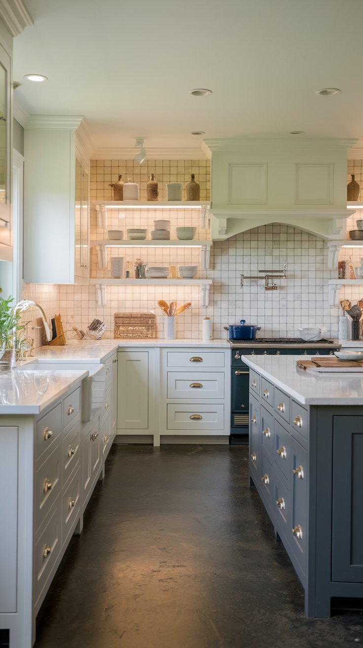 A photo of a beautiful, well-organized farmhouse kitchen with under-cabinet recessed lights that illuminate the countertops. The kitchen has a white cabinets, a beige tile backsplash, and a dark gray island. The countertops are made of white quartz. There are various cooking utensils and pots on the island. The floor is made of dark gray concrete. The overall ambiance is bright and inviting.