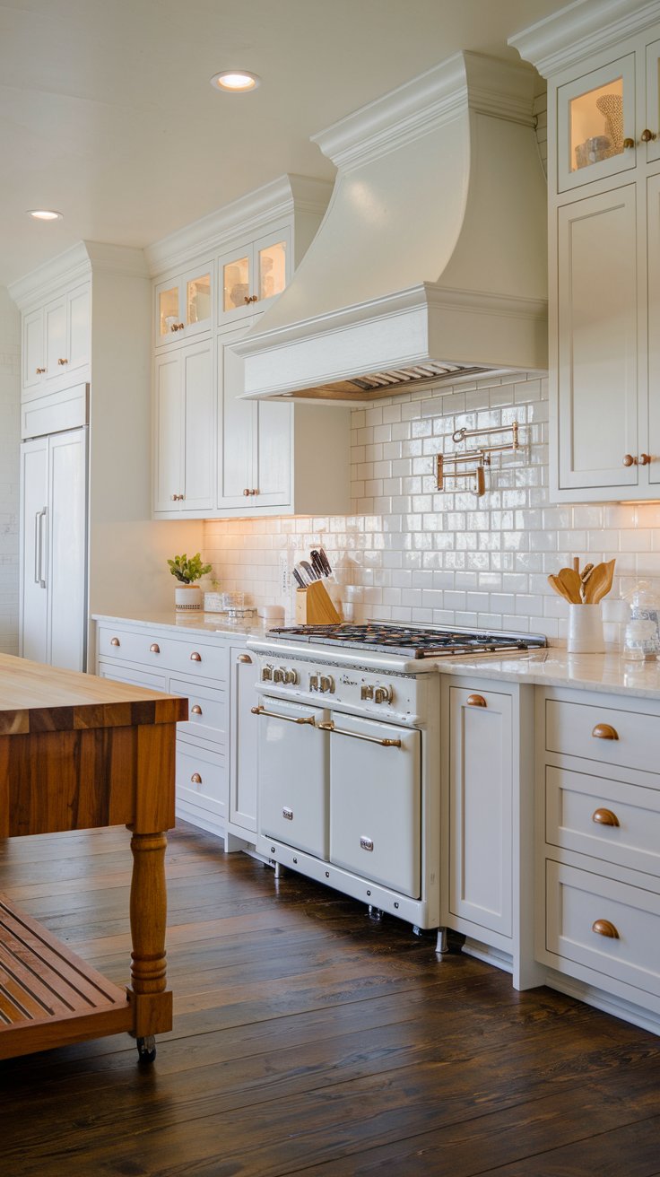 A photo of a beautiful well-organized farmhouse kitchen with under-cabinet recessed lights that illuminate the countertops. The kitchen has a wooden island with a butcher block top. The countertops are made of white quartz. There are white cabinets with wooden knobs and a white range hood above the stove. The backsplash is made of white subway tiles. The floors are made of dark wood.