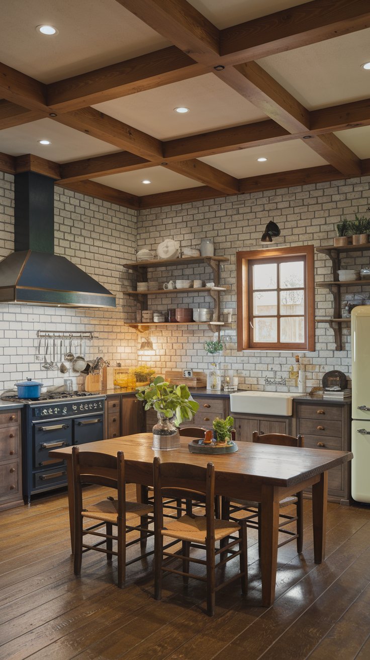 A photo of a beautiful well-organized French country kitchen with a wooden beam ceiling and a brick wall. There's a large wooden table in the middle of the room, with chairs around it. The kitchen has a stove, an oven, a sink, and a refrigerator. There are also cabinets and shelves filled with cookware and utensils. The floor is made of wood. The lighting is warm and inviting, with recessed lights positioned in a grid pattern for uniform lighting.
