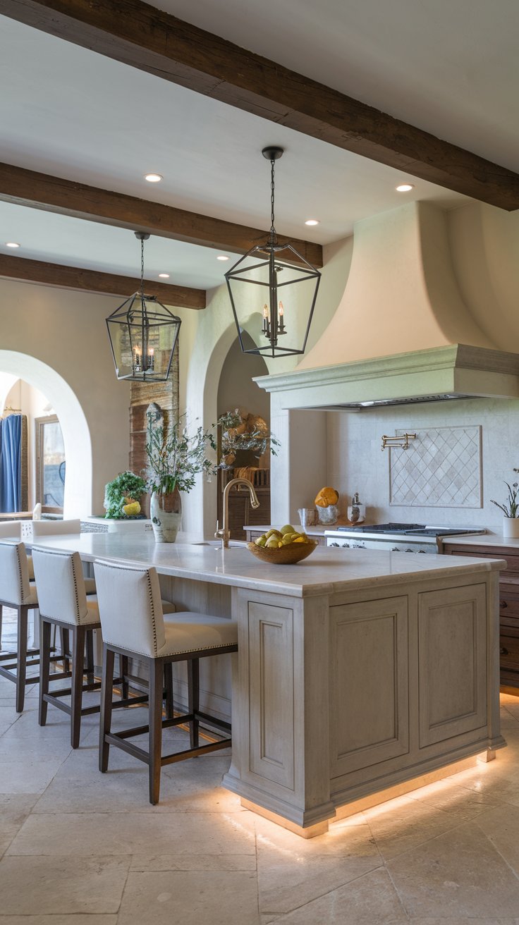 A photo of a beautiful, well-organized Mediterranean kitchen with an island. The island is framed with perimeter recessed lights, which serve as the focal point of the room. These lights add depth and drama to the space. They also highlight the edges of the island, creating a subtle spotlight effect.