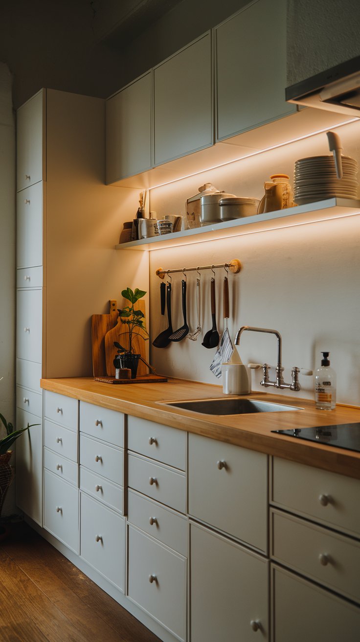 A photo of a beautifully organized Asian Zen kitchen with ambient lighting. There are wooden countertops, a sink, and a few utensils. There is a plant near the sink. The walls and cabinets are white. The floor is made of wood. The lighting is soft-edged and creates a warm glow.
