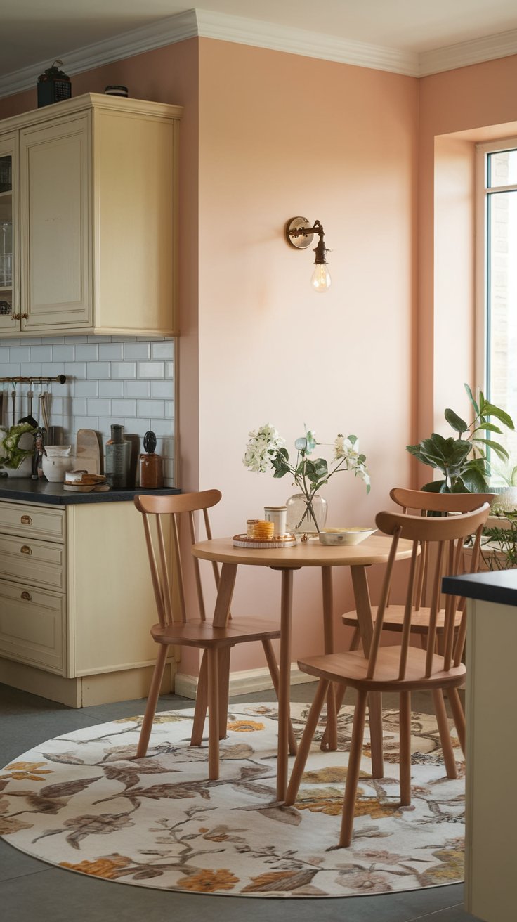 A photo of a boho chic kitchen breakfast nook with a wooden table and chairs. There's a floral rug beneath the table. On the wall above the table, there's a vintage-style light fixture. The kitchen has beige cabinets, a black countertop, and a white backsplash. There's a potted plant near the window. The room has a soft, warm lighting.
