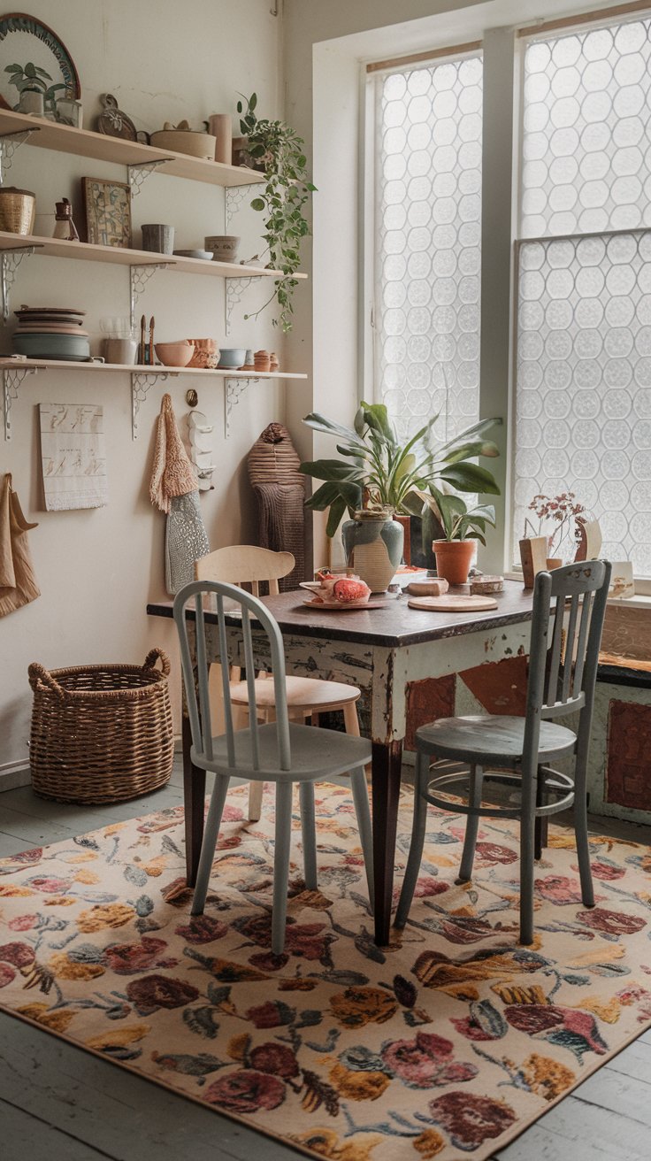 A photo of a boho kitchen breakfast nook with a floral rug beneath the table. The room has a vintage feel with a distressed wooden table, mismatched chairs, and rustic decor. There is a wicker basket on the floor and a potted plant near the window. The walls are adorned with shelves holding various items. The window has a beautiful patterned glass.