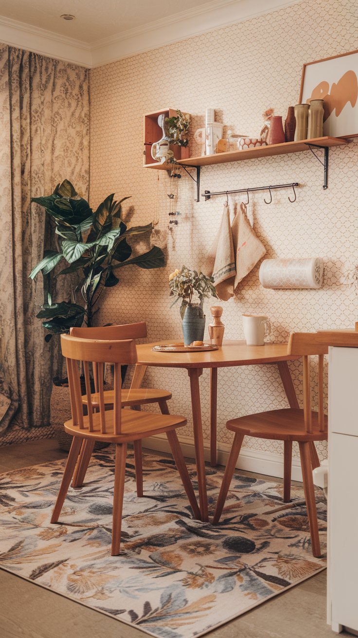 A photo of a boho-style kitchen breakfast nook with a floral rug beneath the table. The nook has a wooden table and chairs. There is a potted plant near the wall. The wall has a patterned wallpaper, a few hooks, and a shelf with a few items. The floor has a patterned rug. The overall space has a warm and cozy ambiance.