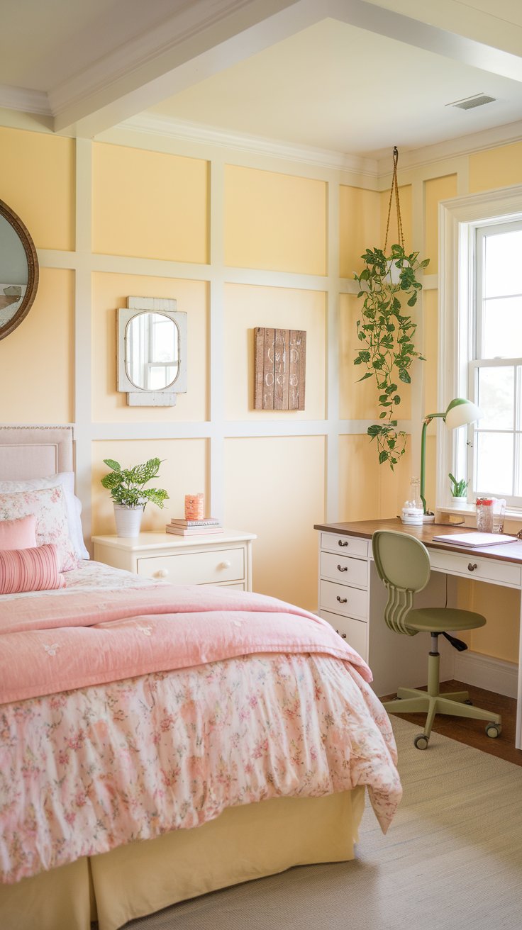 A photo of a butter yellow farmhouse bedroom with a corner home office. The room has traditional white wainscoting for a timeless, classic look. There's a bed with a pink floral duvet and pink throw pillows. There's a white dresser and a nightstand next to the bed. The corner home office has a desk with a green chair and a white lamp. There's a plant near the window. The walls have a few decorative items, including a mirror, a wooden sign, and a small plant.