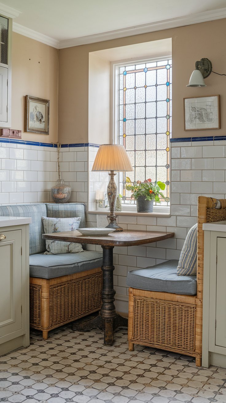 A photo of a corner in a beautiful English countryside kitchen that has been turned into a breakfast nook. A custom-fit booth has been added to the unused corner, and there's a table lamp on the table. The booth is made of wicker and has a cushion. The walls have antique white tiles, and there's a window with stained glass. There's a plant on the floor. The floor has a patterned tile design.
