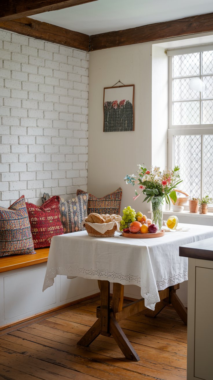 A photo of a cottagecore kitchen breakfast nook. There's a wooden table with a white tablecloth. On the table, there's a vase with flowers, a bowl of fruit, and a basket of bread. There are colorful, patterned throw pillows on the bench near the wall. The room has a white brick wall, a wooden beam across the ceiling, and a window with a lacy design. The floor is made of wood.