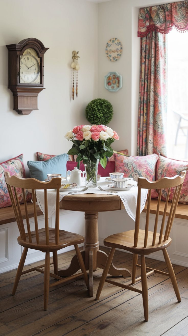 A photo of a cottagecore kitchen breakfast nook with a wooden table and chairs. The table is covered with a white tablecloth and has a vase of pink and white roses in the center. There are also plates, cups, and a teapot on the table. The nook has colorful, patterned throw pillows and a small potted plant. The walls are adorned with a vintage-style clock and a few decorative items. The floor is made of wooden planks.