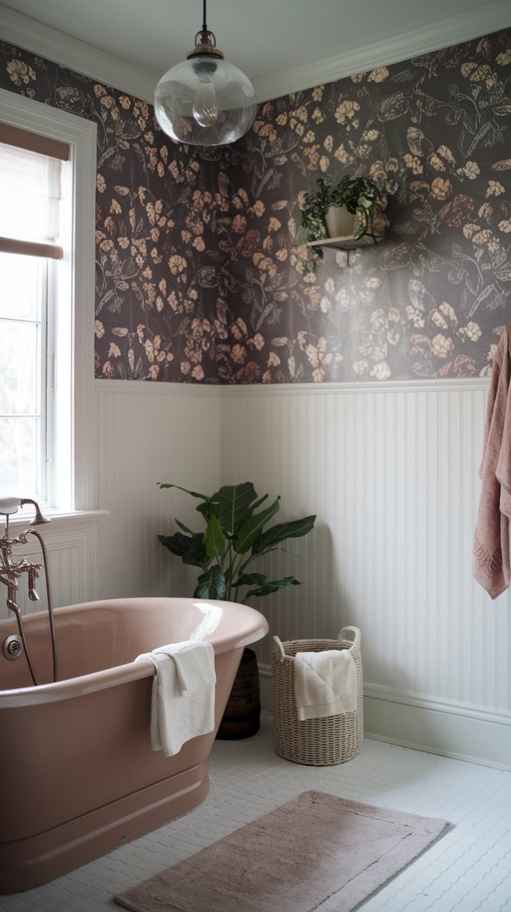 A photo of a dusty rose modern cottagecore bathroom with moisture-resistant white wainscoting. The room features a freestanding bathtub, a vintage-style light fixture, and a floral wallpaper. There's a potted plant near the tub and a white basket on the floor. The room has a rustic charm with a modern touch.