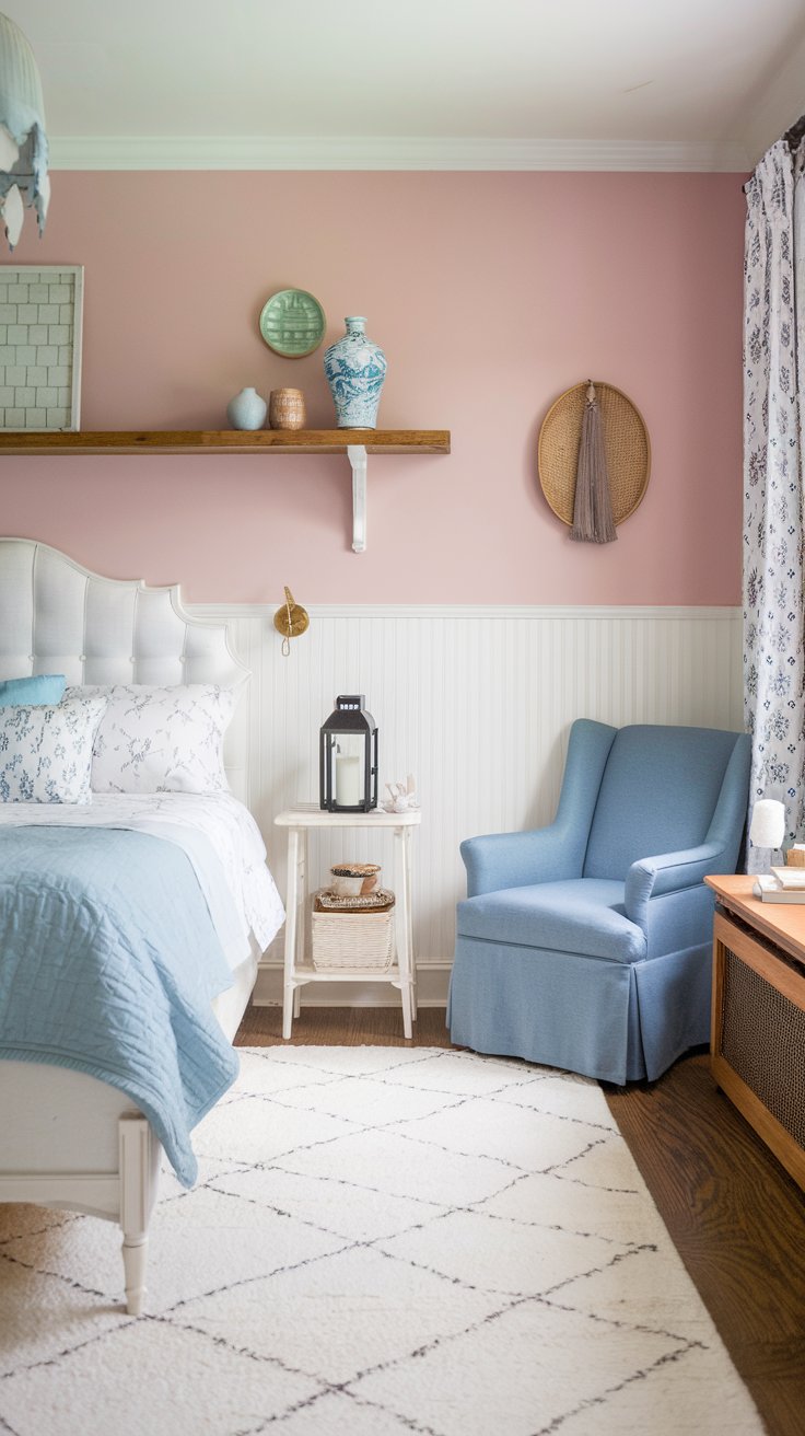 A photo of a farmhouse-boho bedroom with white wainscoting layered with soft, pastel wall colors for a fresh look. The room has a queen-size bed with a white frame and a blue comforter. There is a blue chair in the corner. The floor is covered with a white rug. The room has a few decorative items, including a lantern, a vase, and a wooden shelf. The walls have some texture. The lighting is soft.