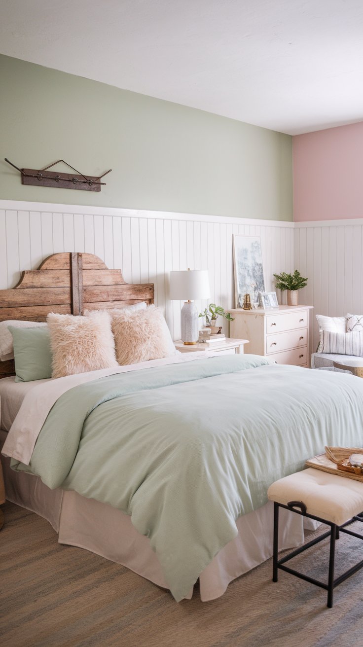 A photo of a farmhouse-boho bedroom with white wainscoting layered with soft, pastel wall colors for a fresh look. There's a queen-size bed with a soft, pastel blue comforter and fluffy white pillows. There's a wooden headboard with a rustic design. The walls have a light green and soft pink color. The room has a few pieces of furniture, including a nightstand, a dresser, and a chair. There are also some decorative items, such as a lamp, a vase, and a few throw pillows. The room has a few personal items, such as a photo frame and a potted plant.