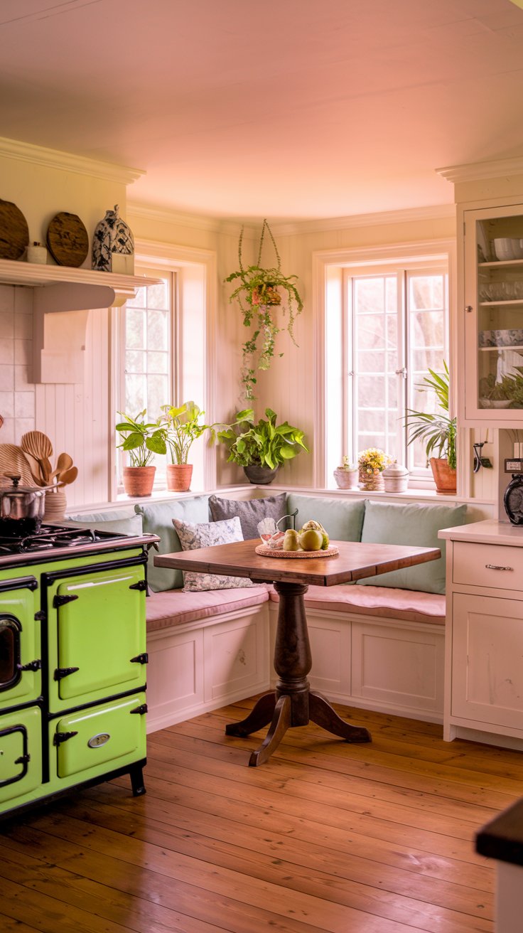 A photo of a farmhouse kitchen with a breakfast nook. There is a built-in bench seat in the cozy corner, with soft cushions. The kitchen has a wooden table, white cabinets, and a vintage stove. There are also potted plants and a few decorative items. The floor is made of wood.