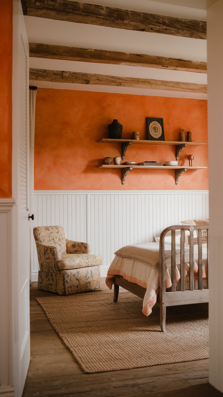 A photo of a French country bedroom with a tangerine orange hue. The room has white board and batten wainscoting and neutral wall tones for depth. There is a wooden bed with a woven rug beneath it. A chair with a floral pattern sits near the bed. There are wooden shelves above the bed. The room has a rustic charm with its wooden beams and simple furnishings.