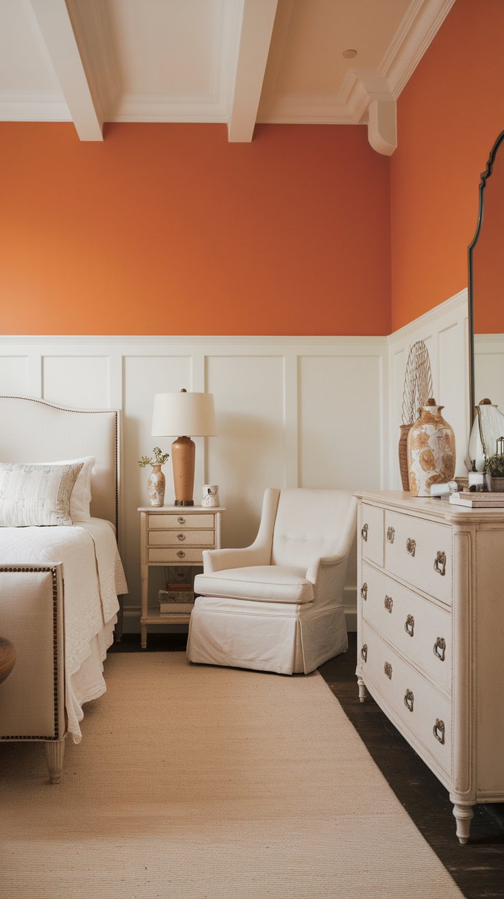 A photo of a French country bedroom with a tangerine orange accent wall. The room has white board and batten wainscoting. There is a beige bed with a white bedspread and a beige chair. The floor is covered with a beige rug. There is a white dresser with beige handles. The room has a few decorative items, including a lamp, a vase, and a mirror. The lighting in the room is soft.