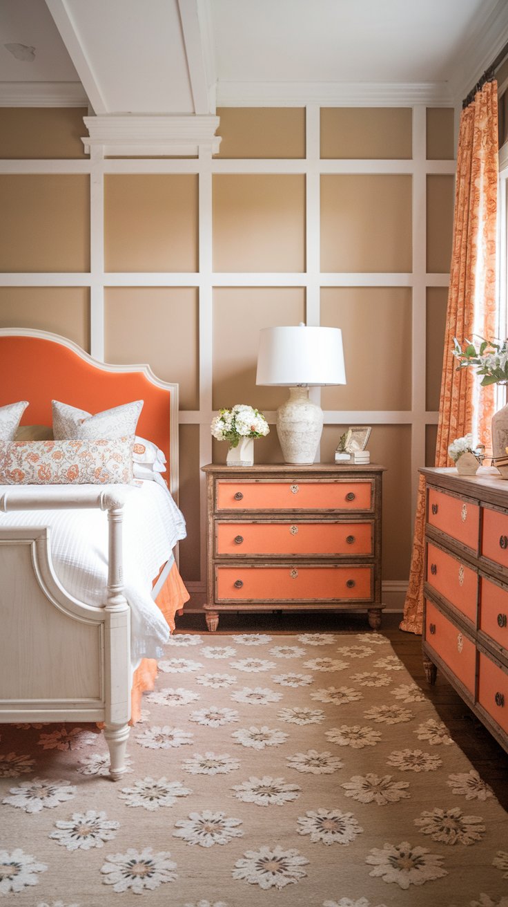 A photo of a French country bedroom with a tangerine orange color scheme. The room has white board and batten wainscoting and neutral wall tones for depth. There is a queen-sized bed with a white bed frame and a tangerine orange headboard. The room has a wooden dresser with tangerine orange drawers and a white lamp. There is a rug in the room with a pattern of white flowers on a beige background.