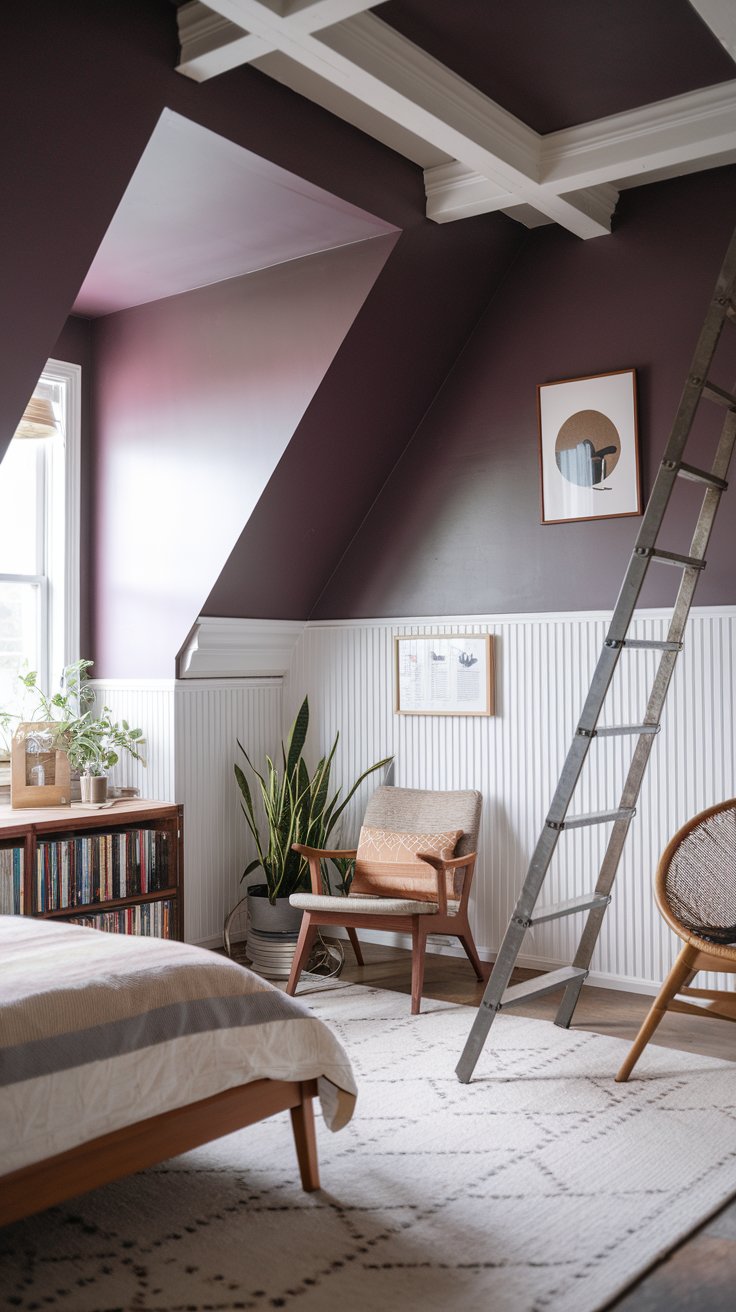 A photo of a japandi-boho attic bedroom with a Heather purple wall. The room has a sloped ceiling and white wainscoting that contrasts with the darker paint color above for drama. There is a wooden ladder against the wall. The room contains a wooden bed, a bookshelf, and a chair. There is a plant near the window.