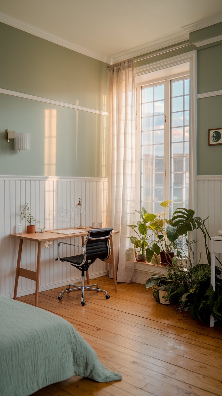 A photo of a japandi-style bedroom with a pale sage wall and white wainscoting. The room has wood floors, a workspace with a desk and chair, and a window with a sheer curtain. There are indoor plants near the window. The evening sun casts a warm glow over the room.