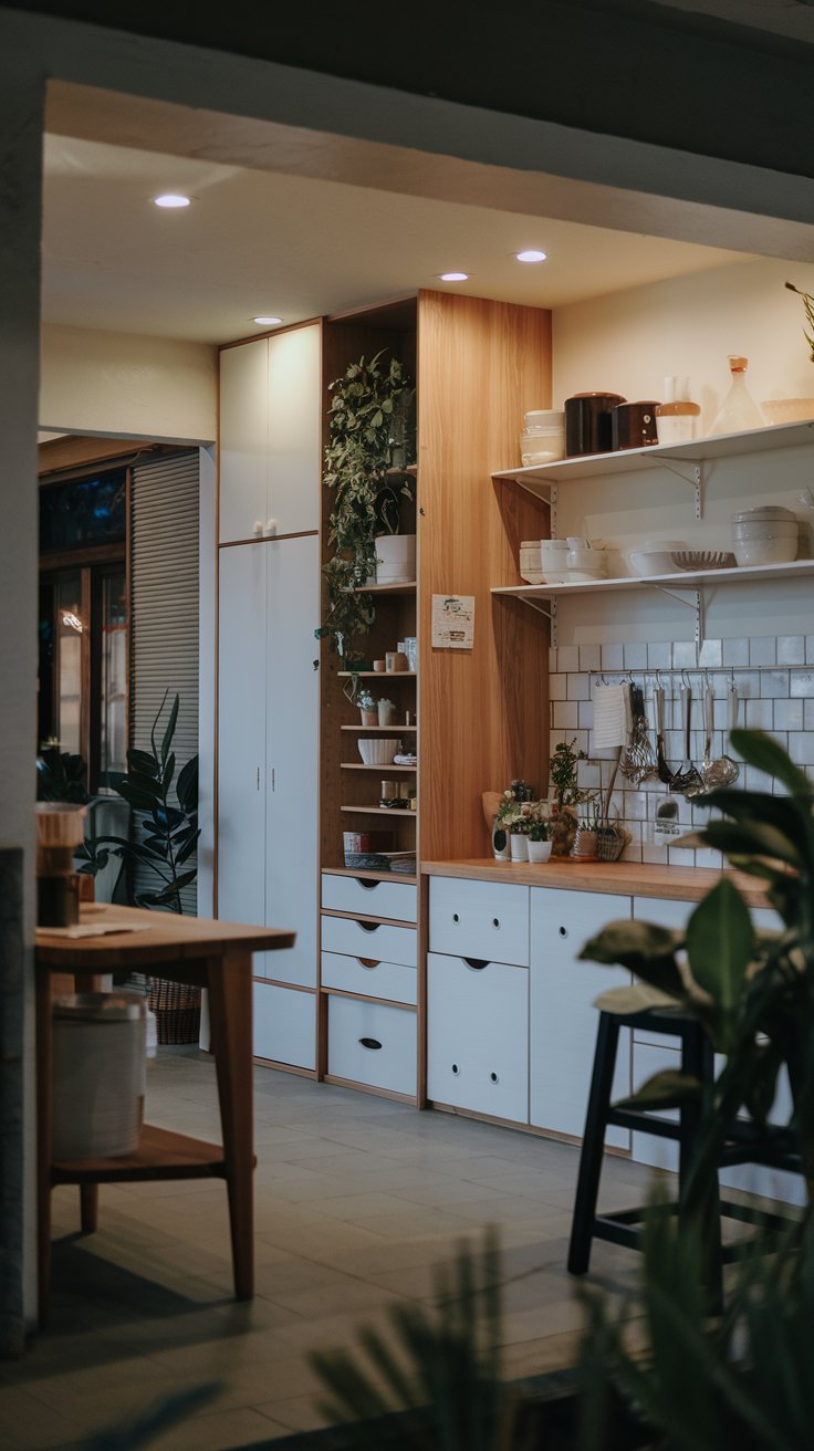 A photo of a Japandi-style kitchen with a well-organized layout. The kitchen has a variety of wooden and white furniture, including a tall cabinet, a shelf, and a counter. There are also a few potted plants. The room has dimmable recessed lights. The lighting is dimmed down, creating a relaxed and inviting vibe. The photo is taken in the evening.