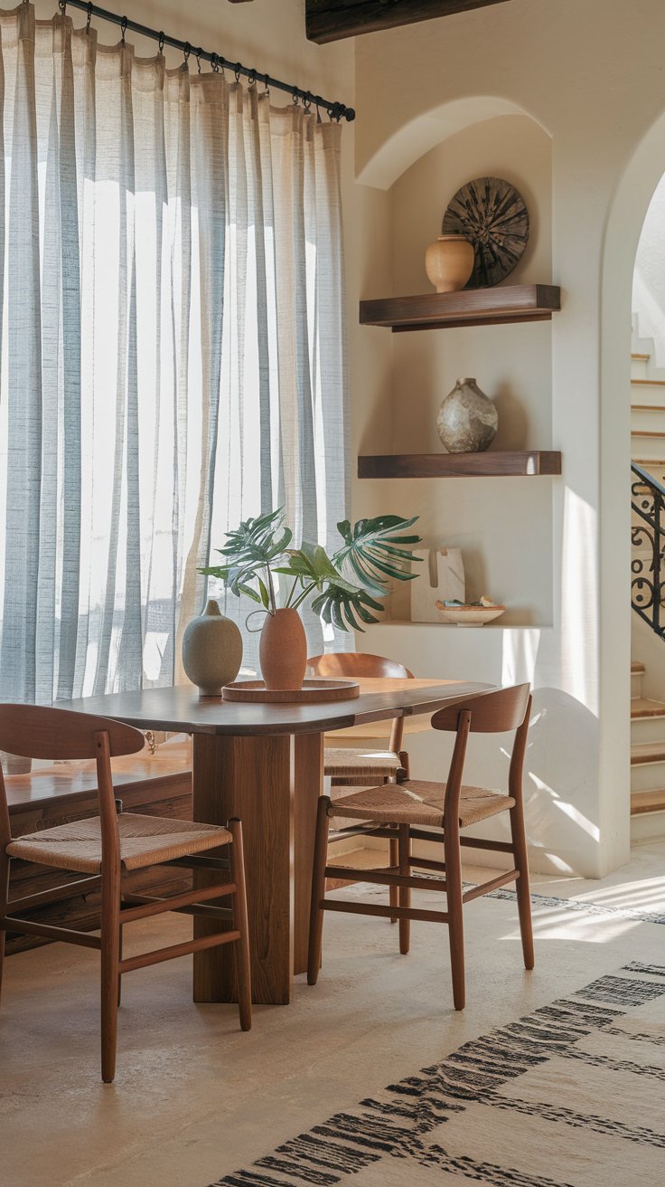 A photo of a Mediterranean kitchen breakfast nook with a wooden table and chairs. There are plants and a vase on the table. The wall has a shelving unit with decorative items. The floor has a patterned rug. Sheer curtains cover a window, allowing sunlight to illuminate the space. The background contains a door and a staircase.
