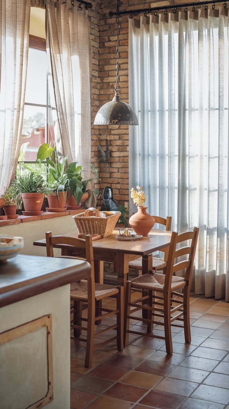 A photo of a Mediterranean kitchen breakfast nook with a wooden table and chairs. The room has a rustic charm with exposed brick walls, potted plants, and a vintage lampshade. Sheer curtains filter the sunlight entering through a window. A wicker basket, a terra cotta pot, and a few decor items are placed on the table. The floor is tiled.