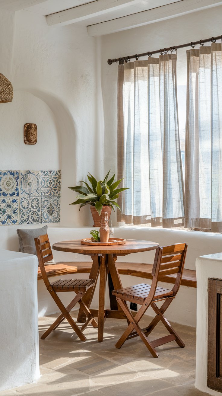 A photo of a Mediterranean-style kitchen with a breakfast nook. There's a wooden table and chairs in the nook, with a potted plant in the corner. The walls are whitewashed, and there are decorative tiles on the wall behind the table. Sheer curtains cover the window, allowing sunlight to filter in.