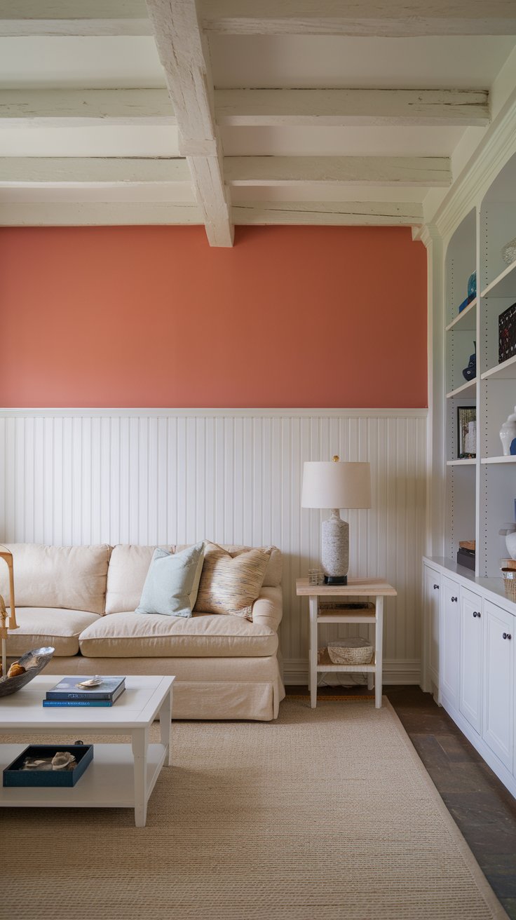 A photo of a Mediterranean-style living room with a soft coral accent wall and tongue-and-groove white wainscoting. There's a beige sofa with a few pillows, a white coffee table, and a white bookshelf. The room has a beige rug, a lamp, and some decorative items. The ceiling has exposed wooden beams.