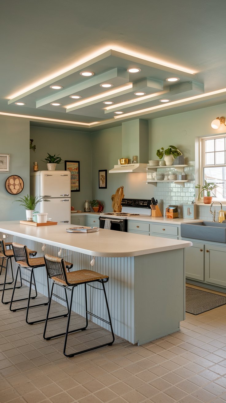 A photo of a mid-century modern kitchen with a well-organized layout. The kitchen has a large island with a white counter and a few bar stools. The island is illuminated by layered recessed fixtures. The walls and cabinets are painted in a soft grey hue. There's a black stove, a white refrigerator, and a grey sink. There are also a few potted plants and decorative items. The floor is covered in beige tiles. The overall kitchen has a serene and welcoming ambiance.