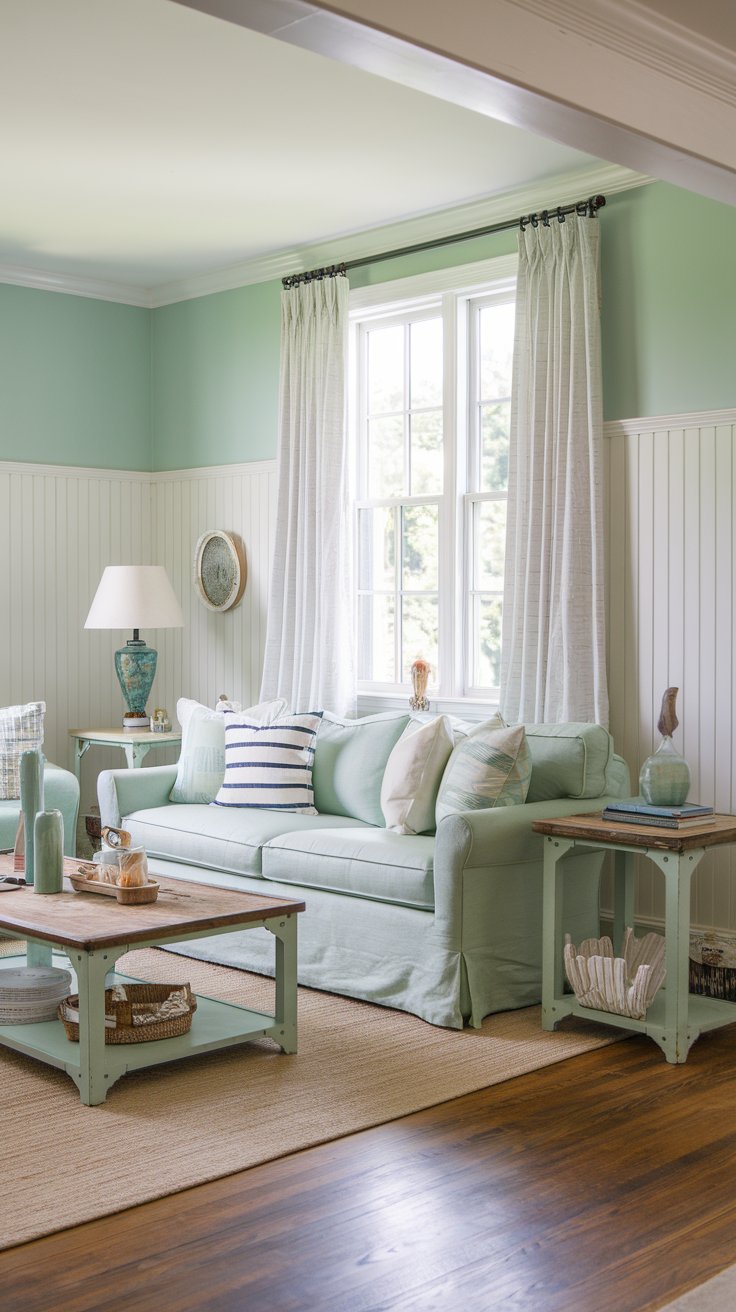 A photo of a mint green coastal-decor living room with beadboard wainscoting in white. The room has a sofa, a coffee table, and a few decorative items. There's a large window with white curtains. The floor is made of hardwood. There is a vintage lamp.