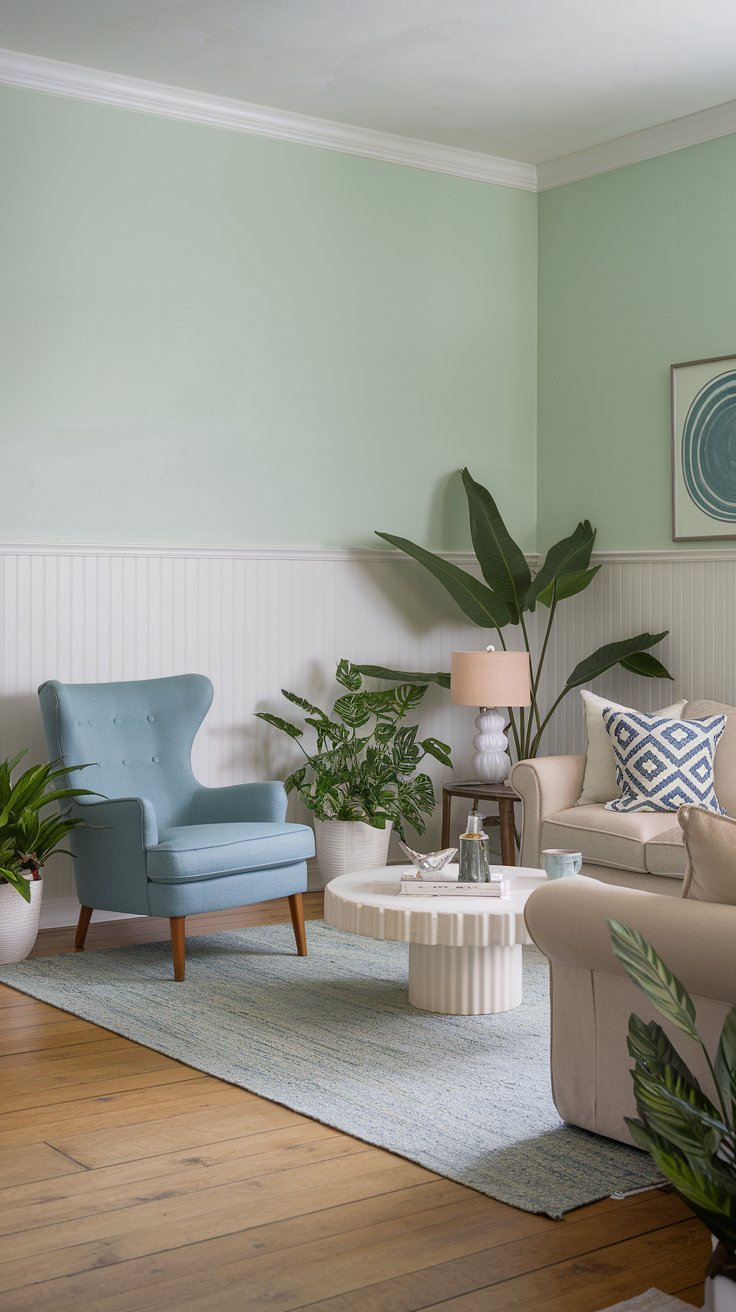 A photo of a mint green coastal-decor living room with beadboard wainscoting in white. There is a blue chair, a white coffee table, and a beige sofa in the room. There are also some potted plants and a lamp. The floor is made of wooden planks. The walls have a white border at the bottom.