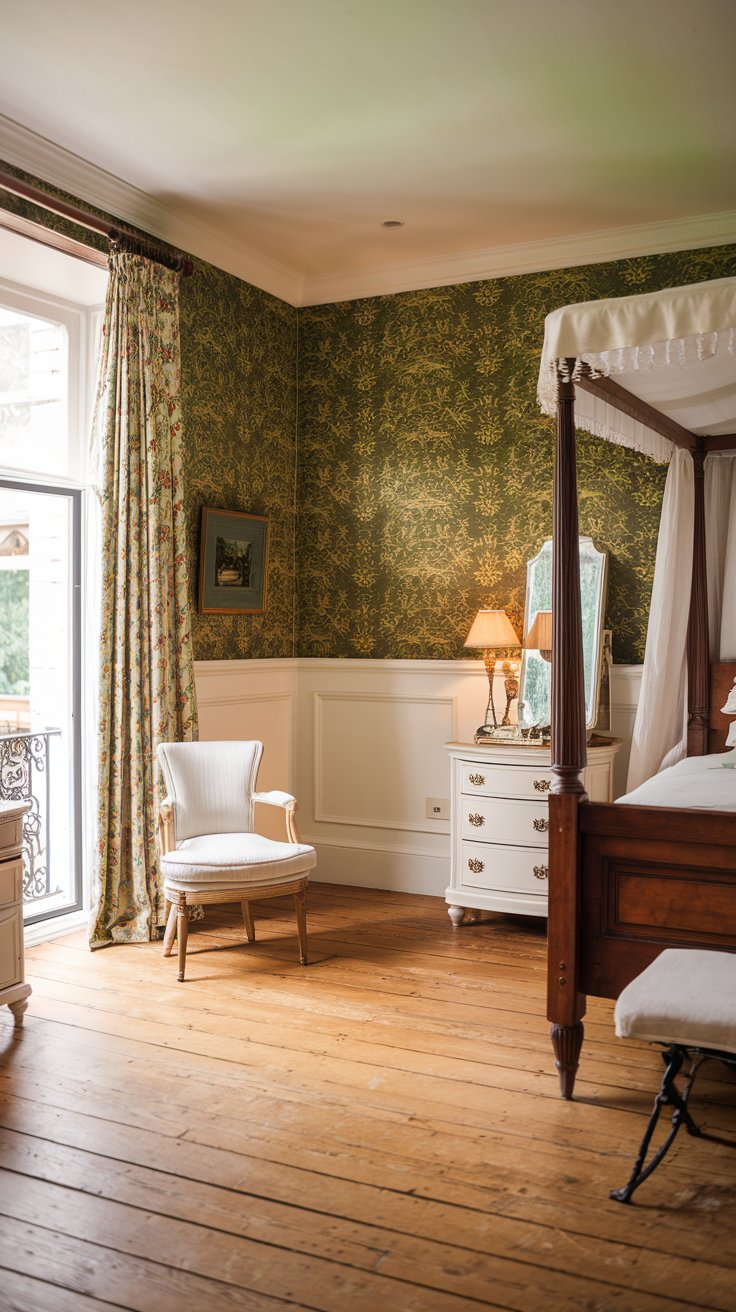 A photo of a cottagecore dining room with a green and white color scheme. The room has high white wainscoting, a green wall, and a green table with matching chairs. There are also green cabinets and a green bench. The room has a vintage feel with its patterned floor and ornate light fixture.