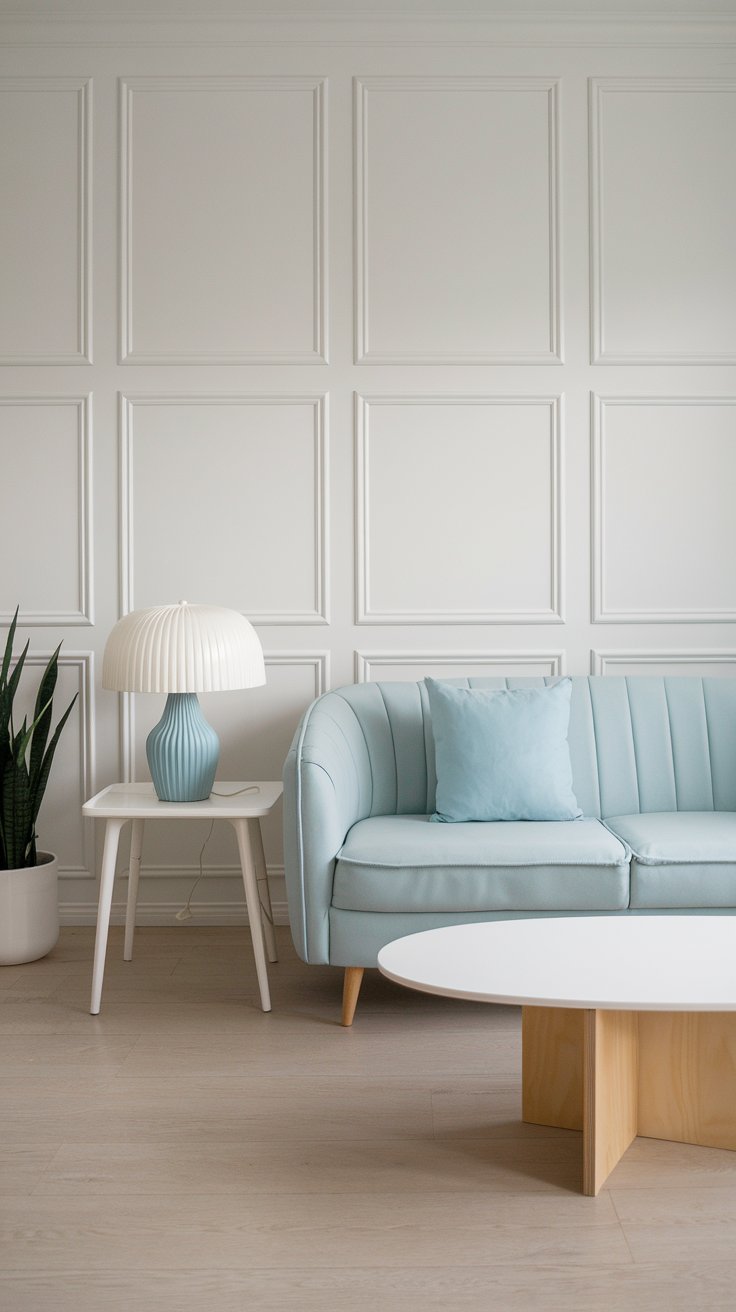 A photo of a powder blue Scandi living room with shaker-style white wainscoting. The room has a clean and minimalist appeal. There is a white sofa with a powder blue throw pillow. There is a white coffee table with a wooden base. There is a white side table with a powder blue lamp. The walls have white wainscoting. The floor is made of light wood. There is a potted plant in the room.