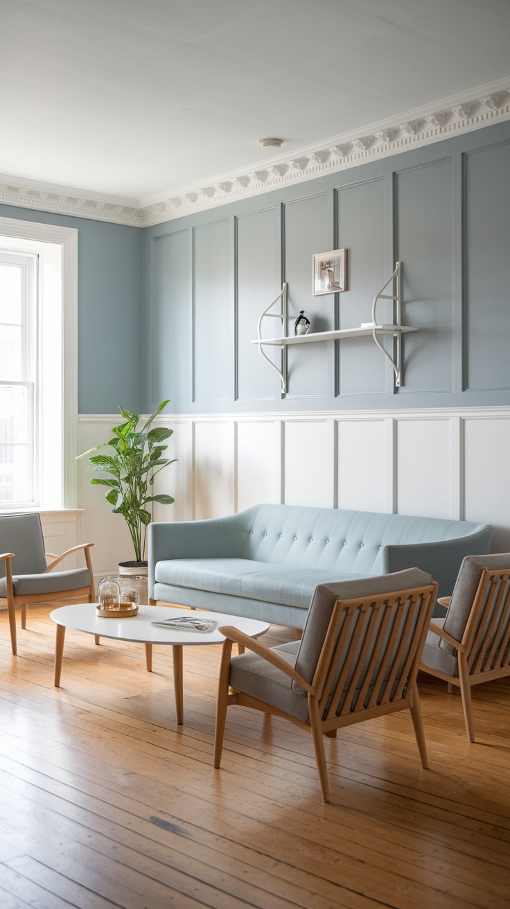 A photo of a powder blue Scandi living room with shaker-style white wainscoting for a clean and minimalist appeal. The room has a sofa, a few chairs, a coffee table, and a wall-mounted shelf. There is a potted plant near the window. The flooring is hardwood. The walls have white wainscoting. The ceiling has white trim.