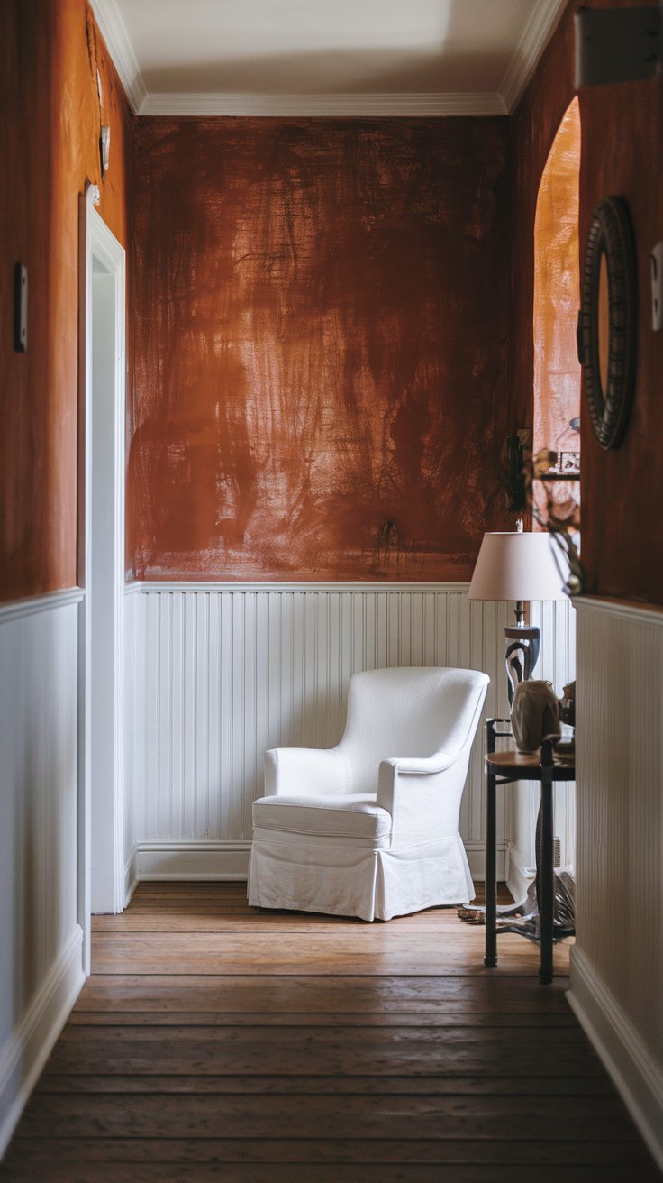 A photo of a rust-orange-colored shabby chic hallway with white wainscoting. The walls have a textured, distressed finish. There is a white chair in the hallway, and a lamp sits on a table near the chair. The floor is made of wooden planks. The lighting is soft.