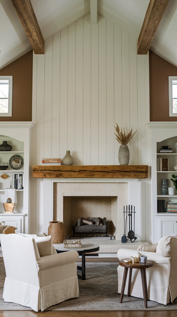 A photo of a rustic living room with a fireplace framed with white wainscoting. The fireplace is the focal point of the room, with a large wooden beam above it. There's a wooden mantel below the beam, holding a few decorative items. The walls on either side of the fireplace are covered with white wainscoting. The room has a high ceiling and is furnished with a large upholstered chair, a small table, and a rug.