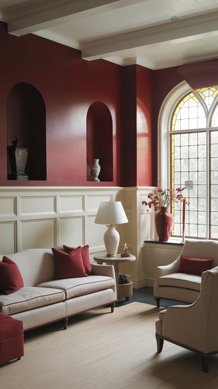 A photo of a rustic traditional living room with an oxblood red color scheme. The room has a high ceiling and features a sleek, white chair rail above wainscoting. There is a beige sofa with red pillows and a matching beige chair. A white lamp and a red vase with flowers sit on a beige side table near the sofa. A beige rug covers the floor. The walls have architectural details, such as niches and a large, arched window with stained glass.