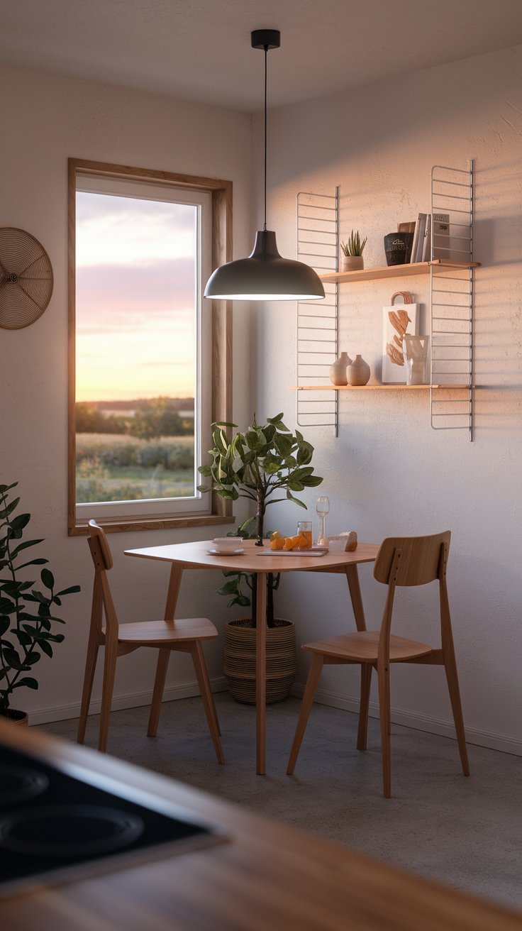 A photo of a Scandi kitchen breakfast nook with a pendant light overhead for focused lighting. There is a wooden table with chairs and a plant in the corner. The wall has a few shelves with decorative items. There is a window with a view of a serene outdoor landscape. The room has a warm hue due to the sunset.