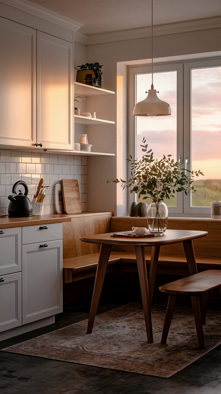 A photo of a Scandi kitchen breakfast nook with a pendant light overhead for focused lighting. The room has a wooden table and bench, white cabinets, and a black kettle. There's a vase with greenery on the counter. The floor is covered with a rug. The room has a window with a view of a serene landscape. The scene is lit by a warm sunset glow.