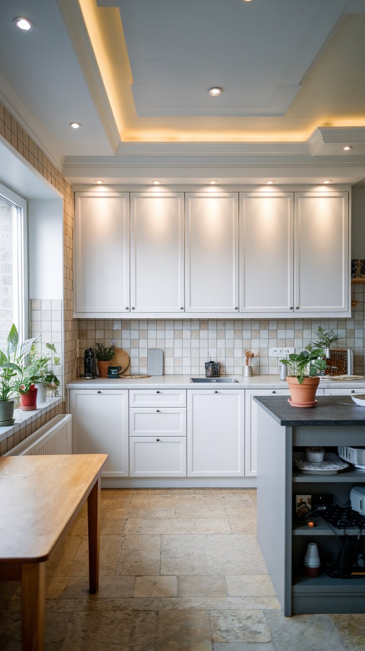 A photo of a Scandinavian kitchen with white cabinets, a grey island, and a black counter. There is a wooden table near the window. The walls have beige and grey tiles. There are potted plants near the window and on the grey island. The floor is made of beige tiles. There are ceiling recessed lights that cast a soft glow on the white cabinets. The overall atmosphere is clean, organized, and warm.