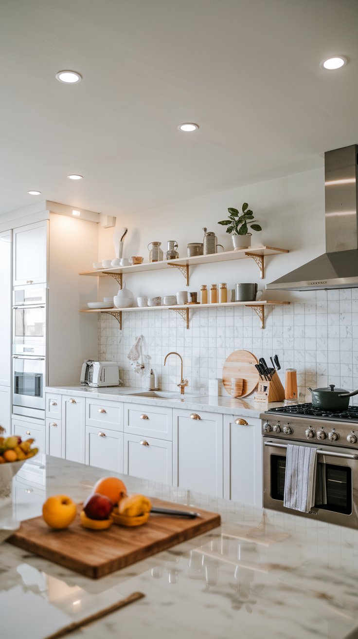 A photo of a Scandinavian-style kitchen with a modern, minimalist, and uncluttered vibe. The kitchen has a beautiful well-organized setup with white cabinets, a marble countertop, and stainless steel appliances. There's a wooden cutting board with some fruits on it. The room has ceiling recessed lights, which provide an evenly spread light.