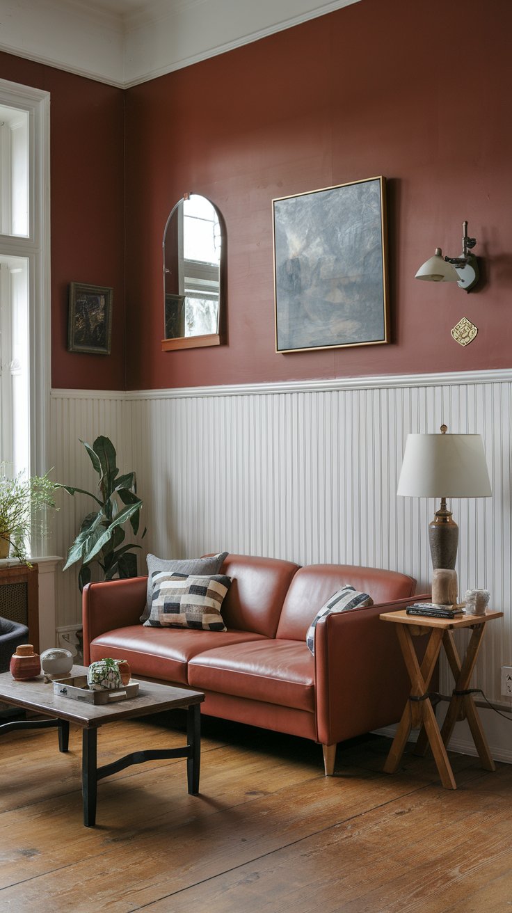 A photo of a small terracotta-coloured craftsman living room with tall white wainscoting. The room has a sofa, a coffee table, and a lamp. There is a plant in the corner. The walls have a few decorative items, including a mirror and a painting. The floor is made of wood.