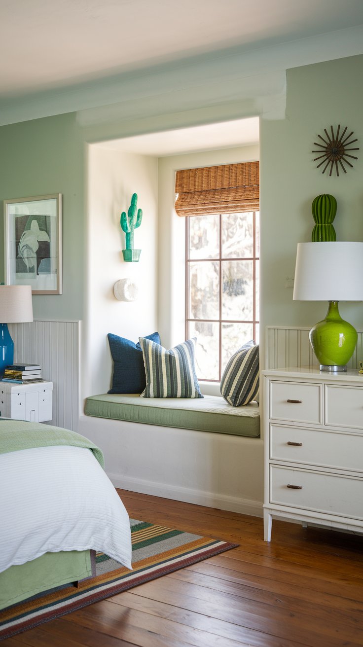 A photo of a southwestern bedroom with a cactus green color scheme. The room has white wainscoting under a window seat, creating a cozy nook. There is a blue accent chair in the nook. The room has a white bed with green pillowcases. There is a white dresser with a green lamp next to the bed. The floor is made of wood. The walls have some decorative items, including a green pot and a white frame.