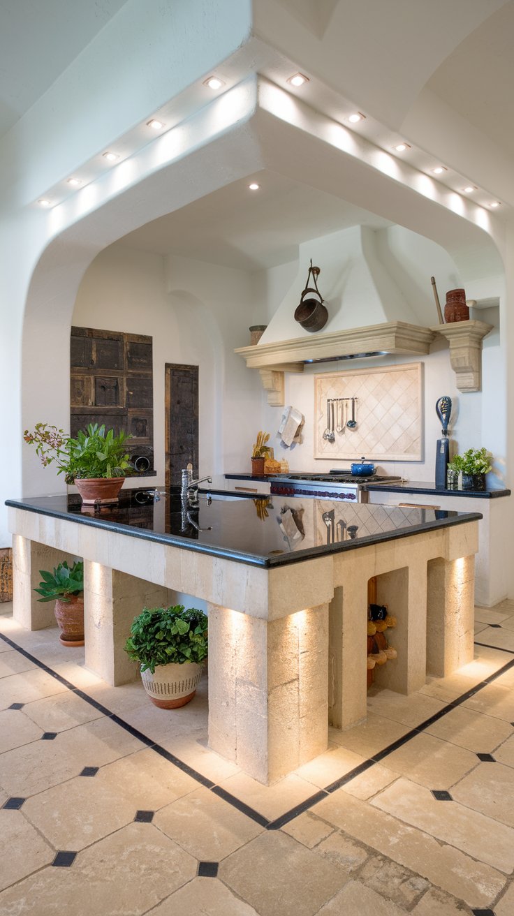 A photo of a well-organized Mediterranean kitchen with a beautiful island. The island is made of black granite and features a sink, a range hood, and a few potted plants. The perimeter is framed with recessed lights. The lights highlight the edges of the island, creating a subtle, spotlight effect. The floor is tiled with beige and black squares. There are cabinets and shelves along the walls. A pot hangs above the stove. A few utensils and decorative items are placed on the countertops. The overall space is bright and inviting.